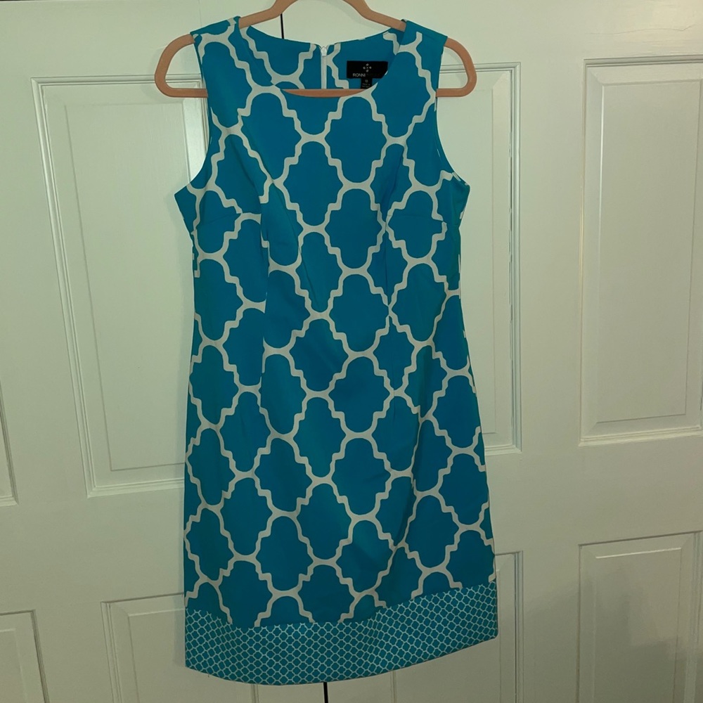 Blue and white shift dress